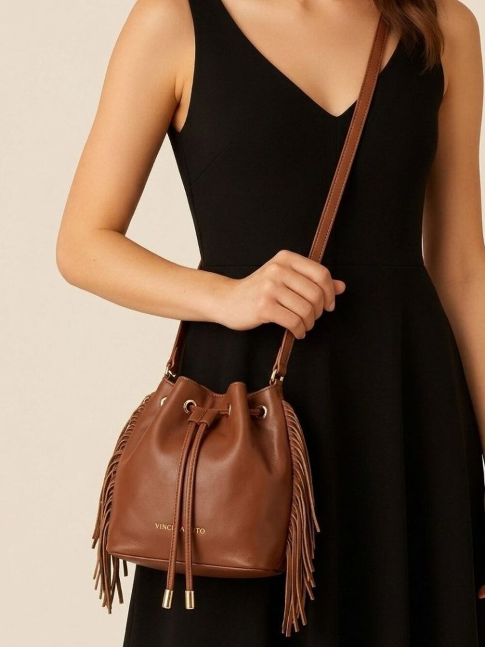 Vince Camuto Fringe Bucket Bag Cognac Leather Crossbody